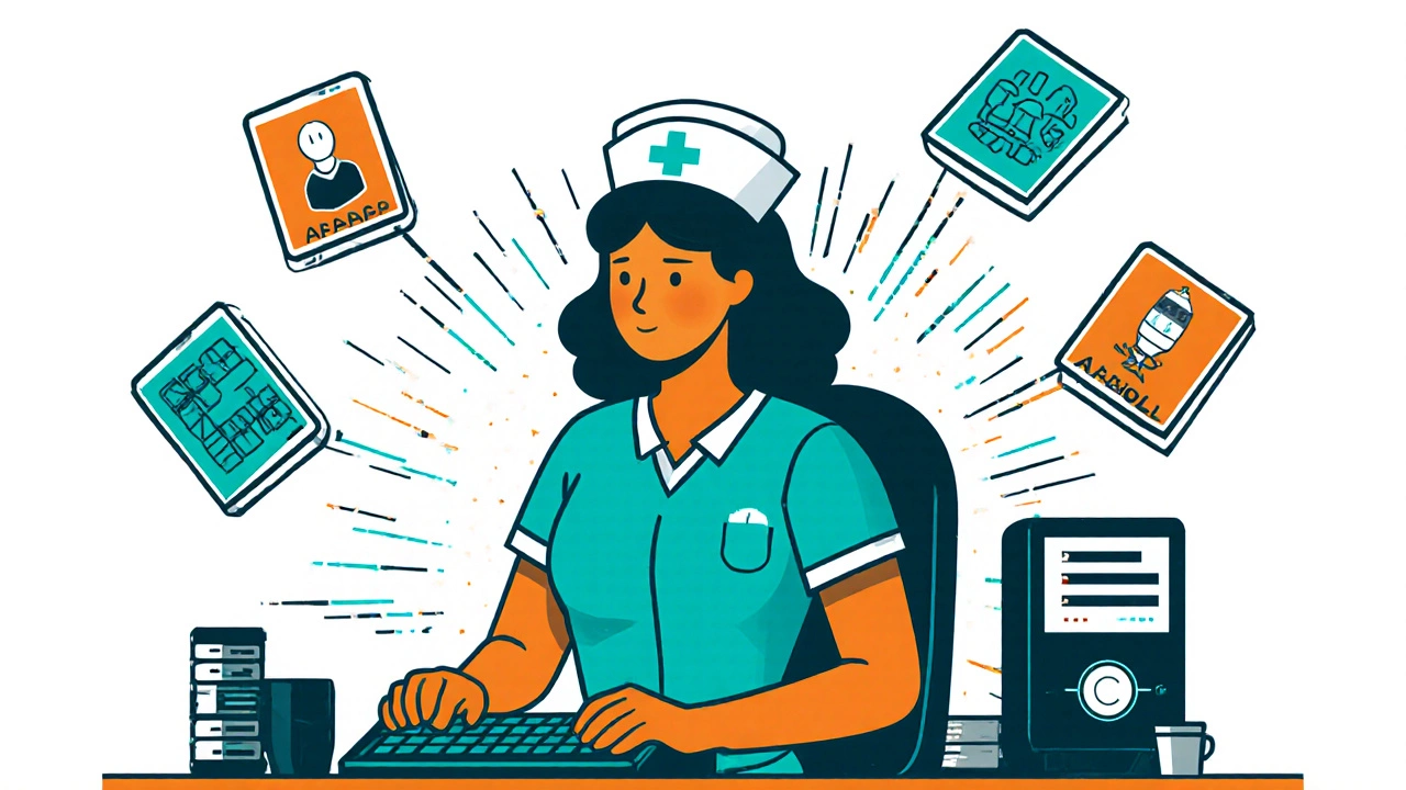 A nurse transitioning into a coder, supported by icons of healthcare and climate tech systems.