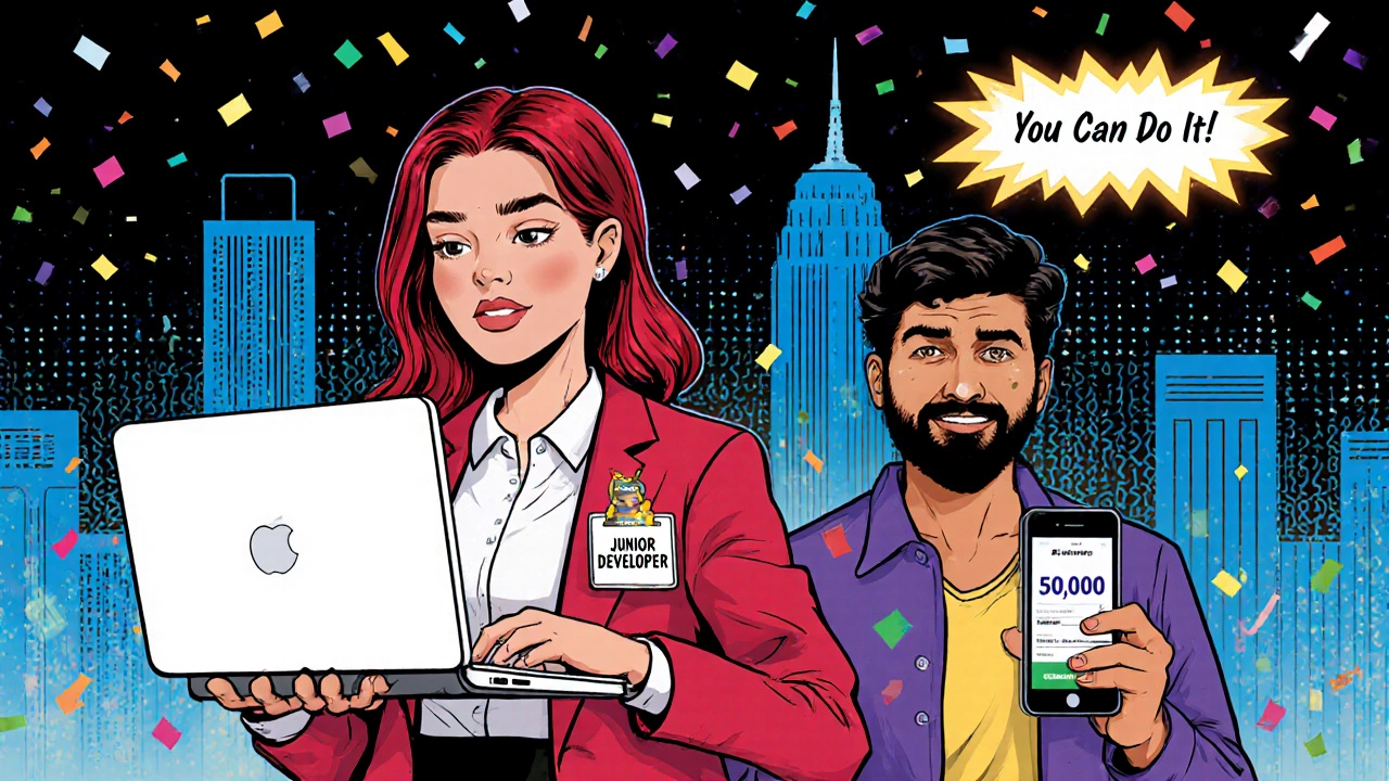 Comic style scene of two successful programmers celebrating their achievements.