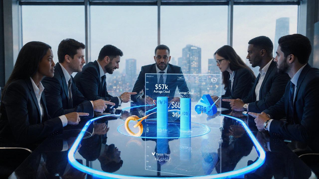 Conference table with holographic salary charts and professionals reviewing them.