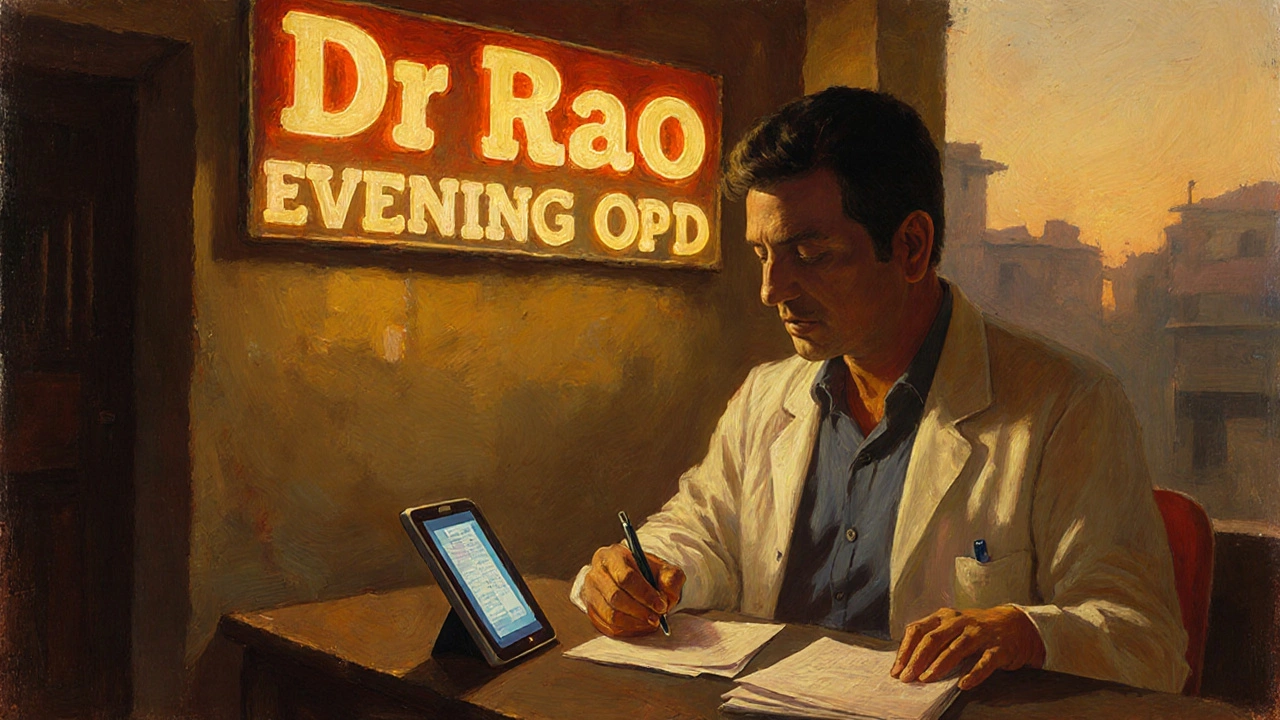 Doctor conducting teleconsultation while working in small-town clinic at dusk