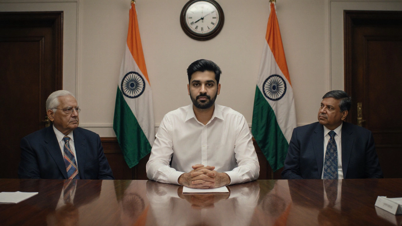 Final panel interview in a formal boardroom with a candidate presenting to senior officials.