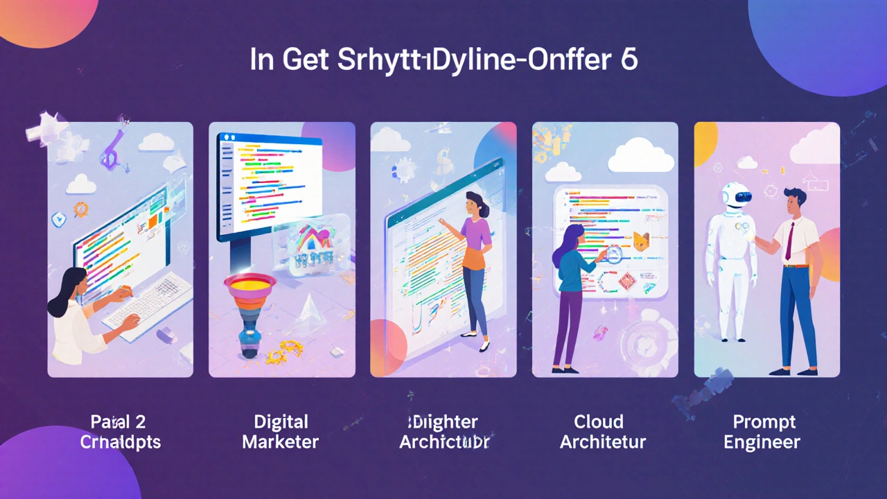 Five-panel illustration showing coding, data analysis, digital marketing, cloud design, and AI prompt work.