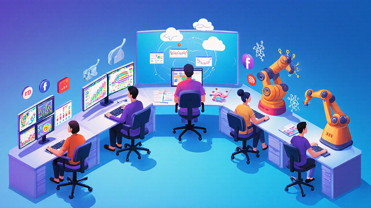 Five workstations illustrate data science, cybersecurity, cloud, marketing, and AI.