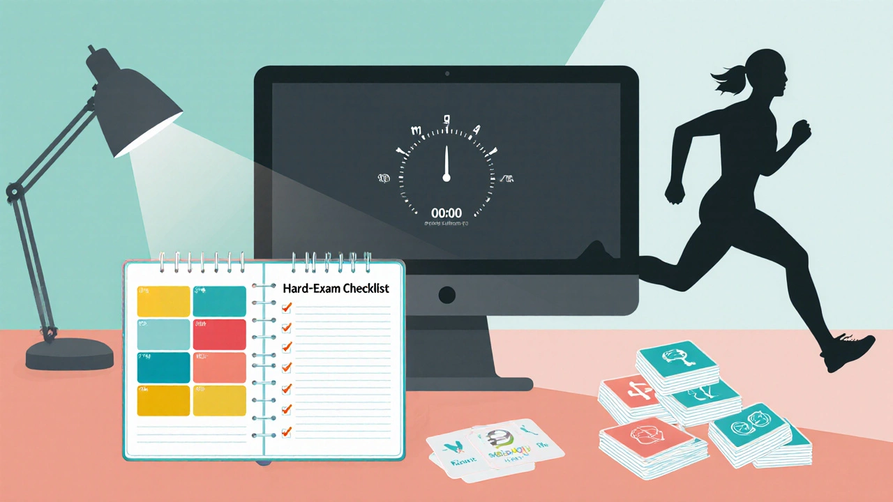 Flat‑design desk with planner, flashcards, mock‑exam screen, and a runner silhouette representing balanced study.