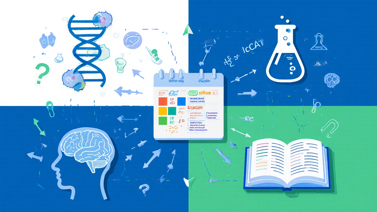 Four quadrants illustrate MCAT sections with a calendar showing study phases.