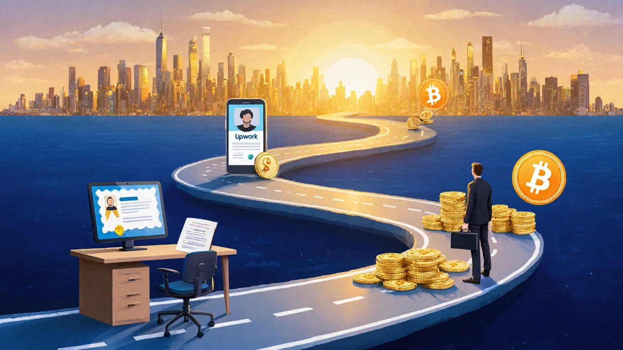 Freelancer walking a road of milestones toward a glowing city skyline representing success.