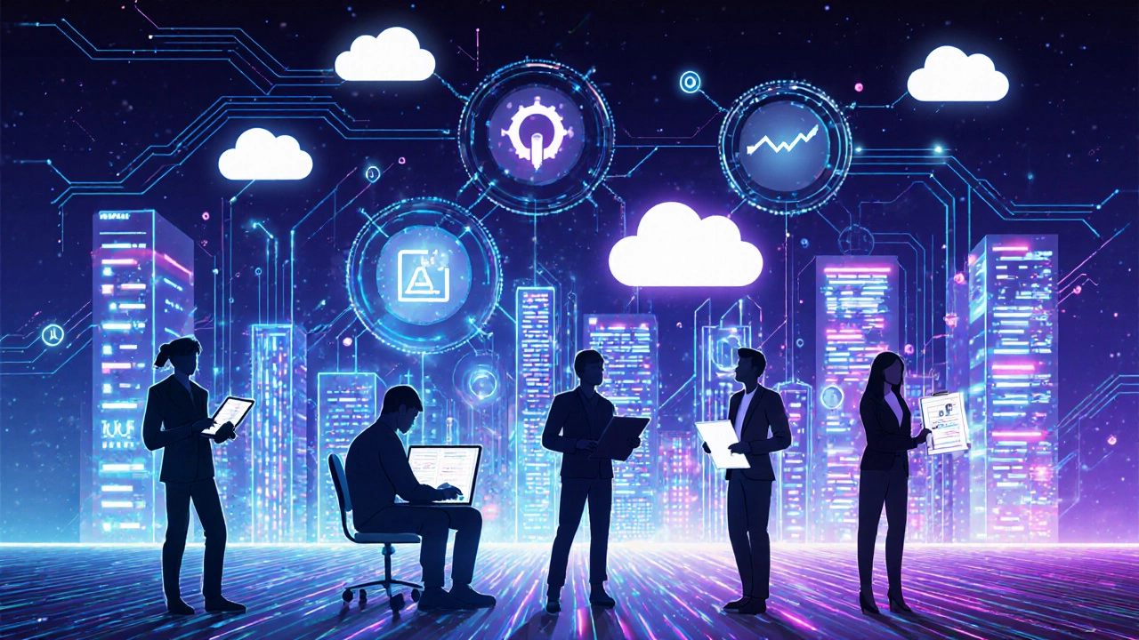 Futuristic city scene with silhouettes of data, software, cloud, marketing, and project roles.