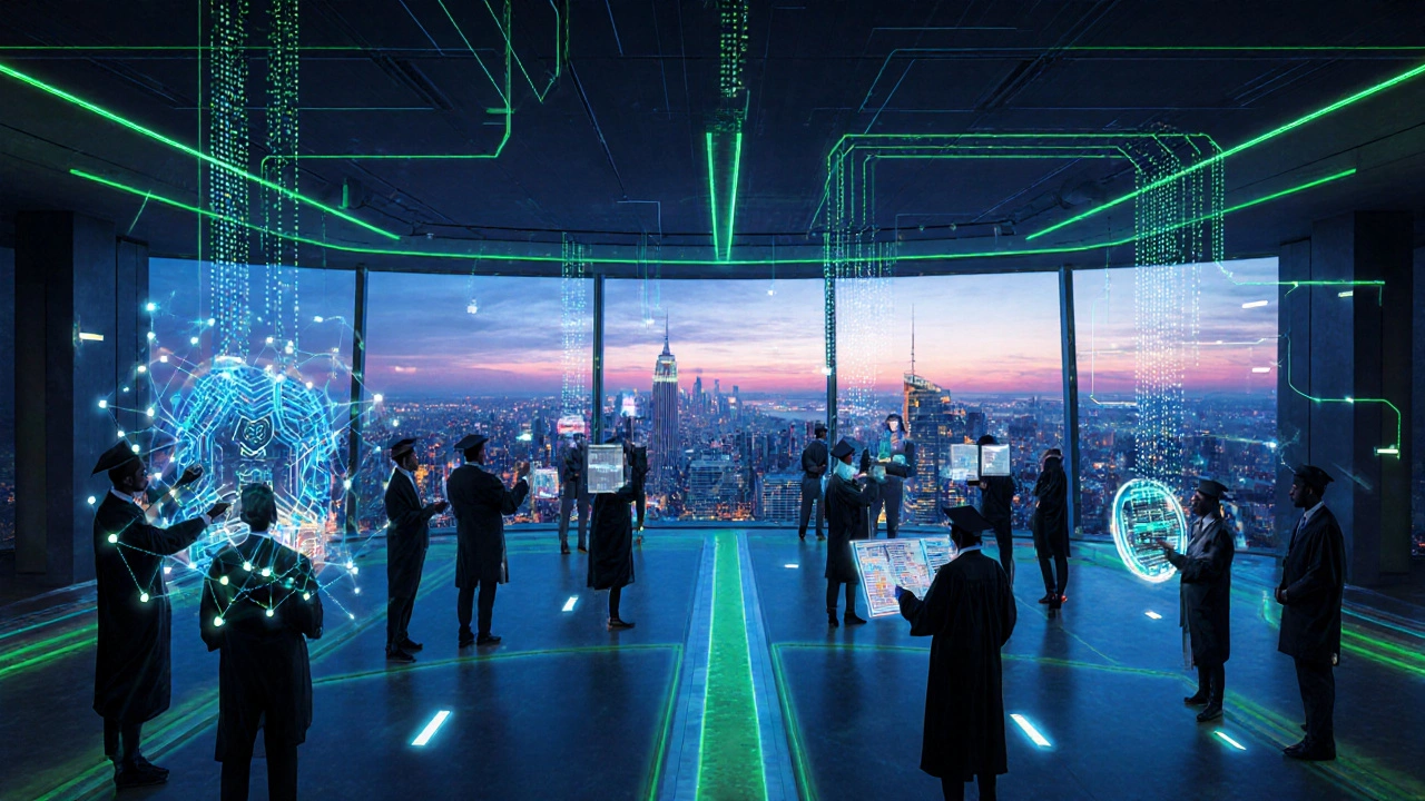 Futuristic conference hall shows MBA grads exploring quantum, climate, and AI holograms over a smart city skyline.