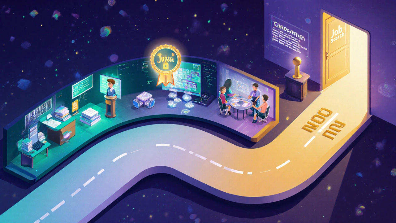 Futuristic hallway showing sequential learning steps ending at a bright doorway.