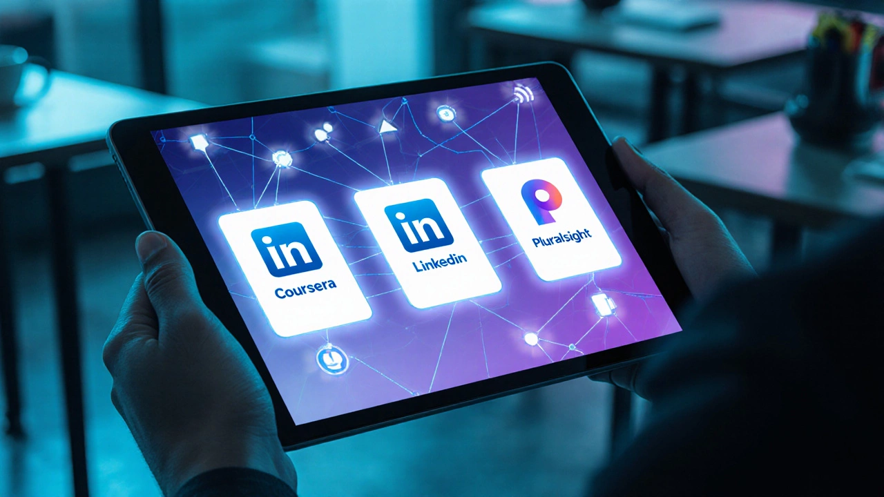 Hands holding tablet with floating app windows representing Coursera, LinkedIn Learning, Pluralsight.