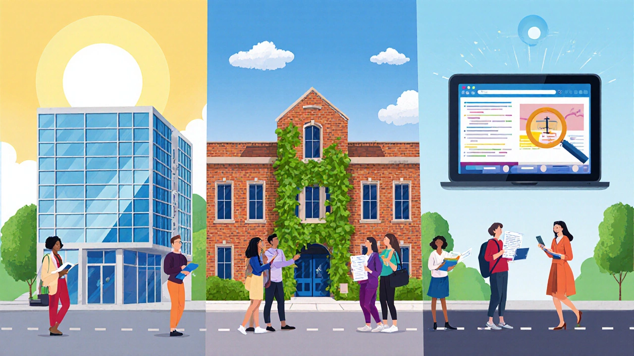 Illustration of three modern teacher‑training institutions and diverse student‑teachers.