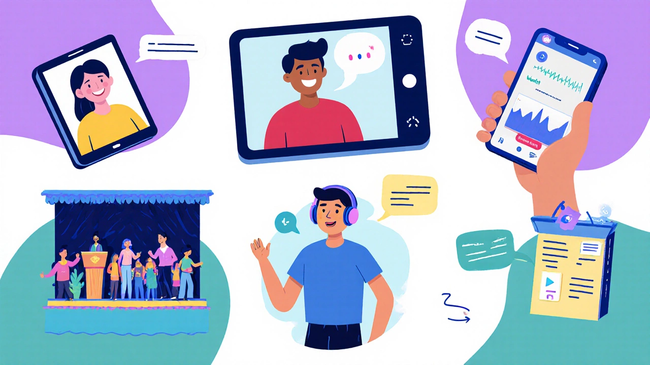 Illustration shows six confidence‑building techniques: video call, recording, shadowing, app, speaking club, breathing.