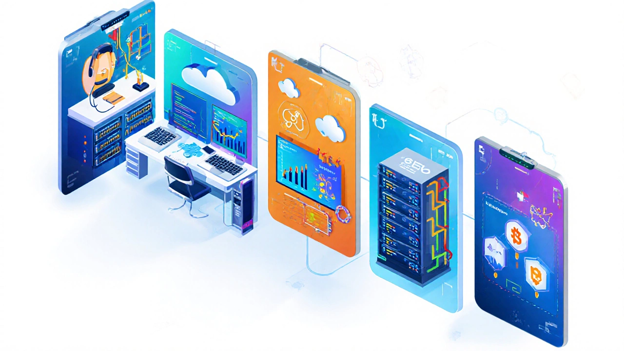 Isometric split view of five online courses: IT support, AWS cloud, data analytics, full‑stack dev, digital marketing.