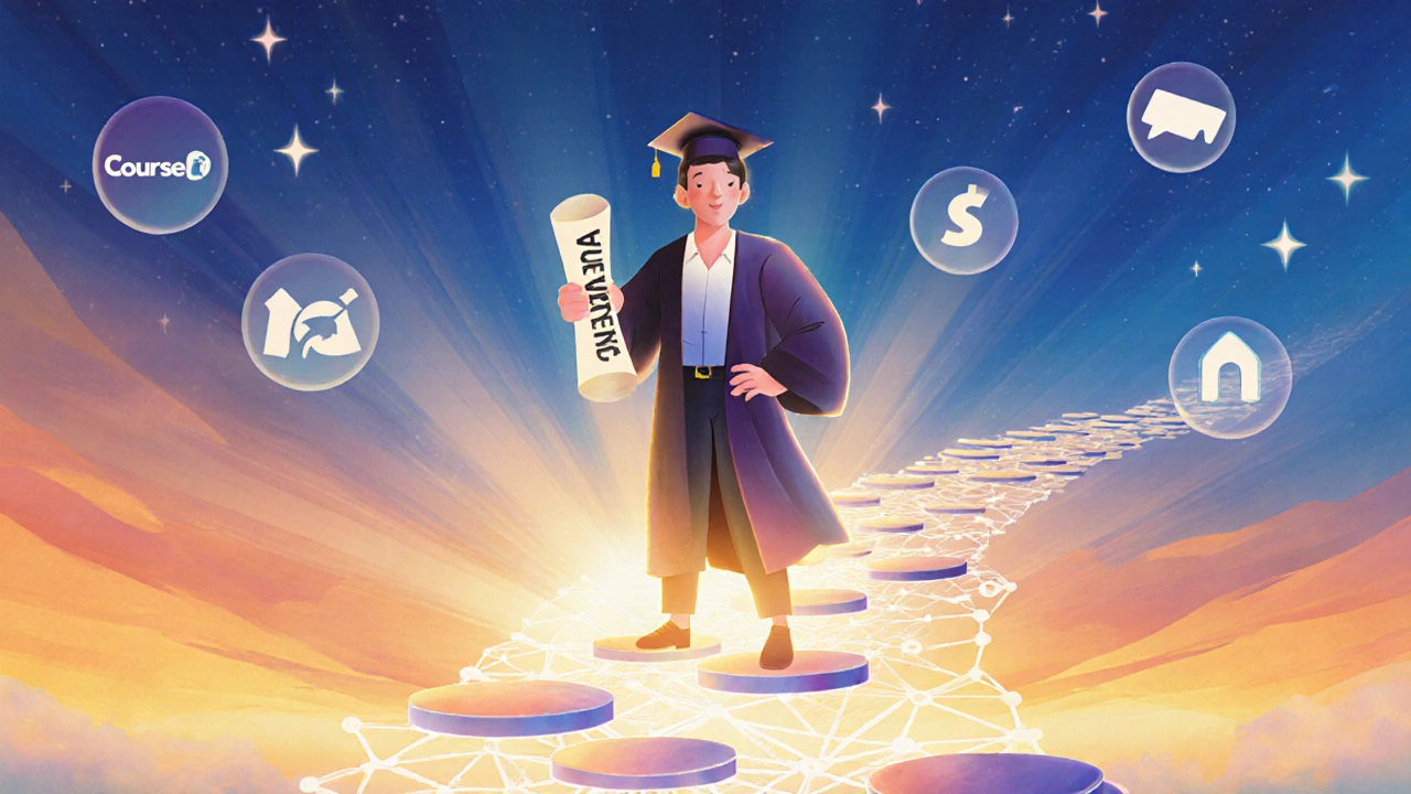 Learner on a glowing pathway holding a diploma under a sunrise sky.