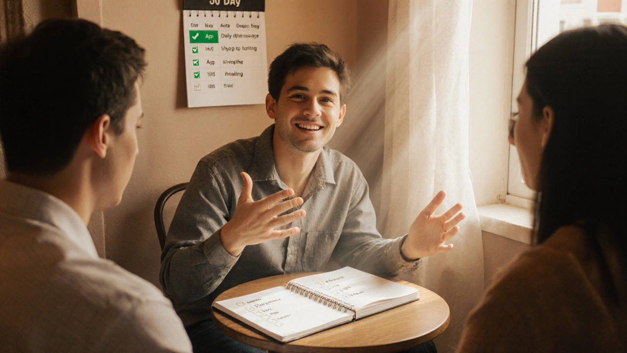 Learner speaks confidently in a café with a partner, checklist and calendar showing completed confidence habits.