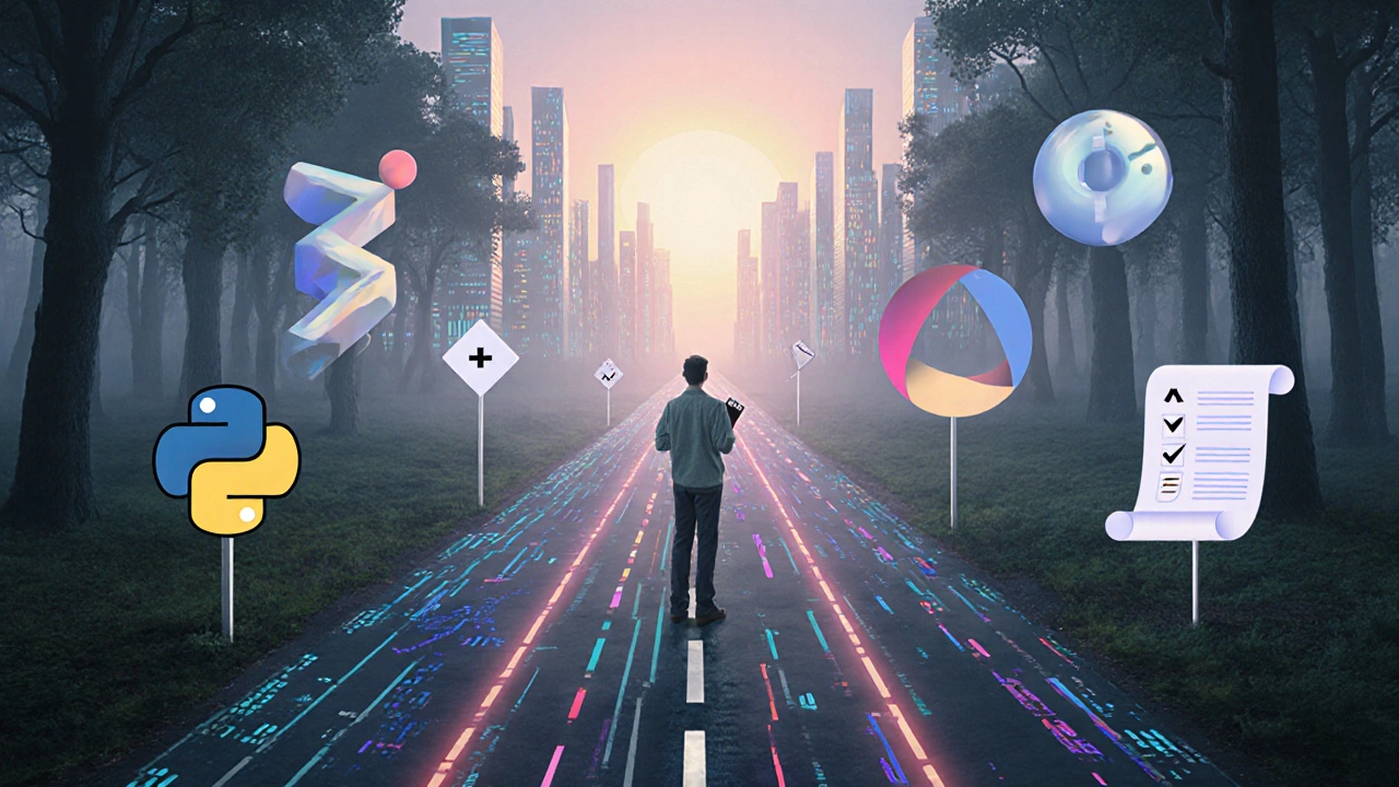Person at a forked trail choosing between a coded city and math models.