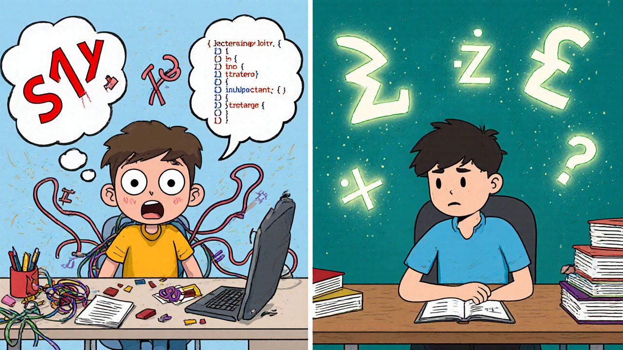 Programmer facing syntax errors next to student surrounded by math symbols.