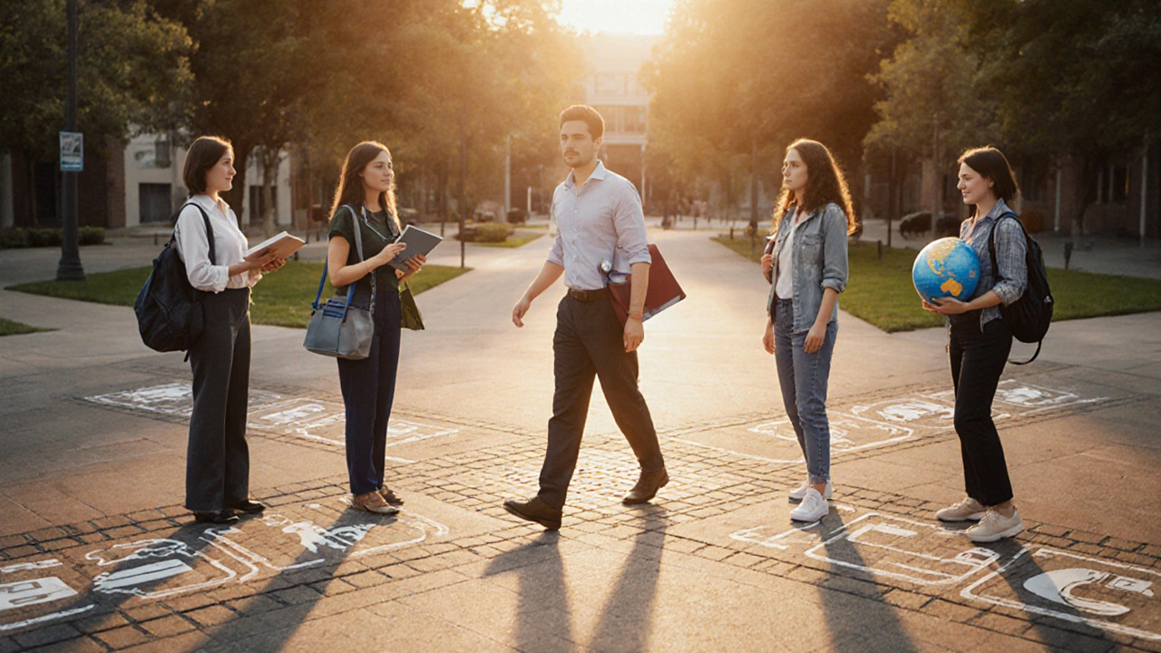 Prospective teachers at a sunrise crossroads choosing their teaching path.