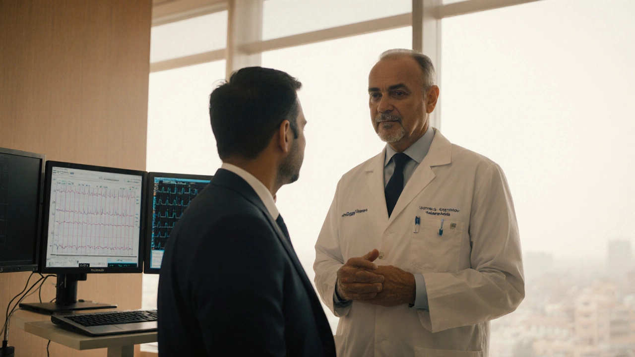 Senior cardiologist consulting patient in modern Bangalore hospital