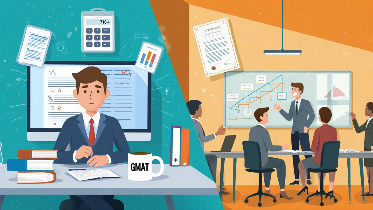 Split illustration showing GMAT study on one side and professional project presentation on the other.