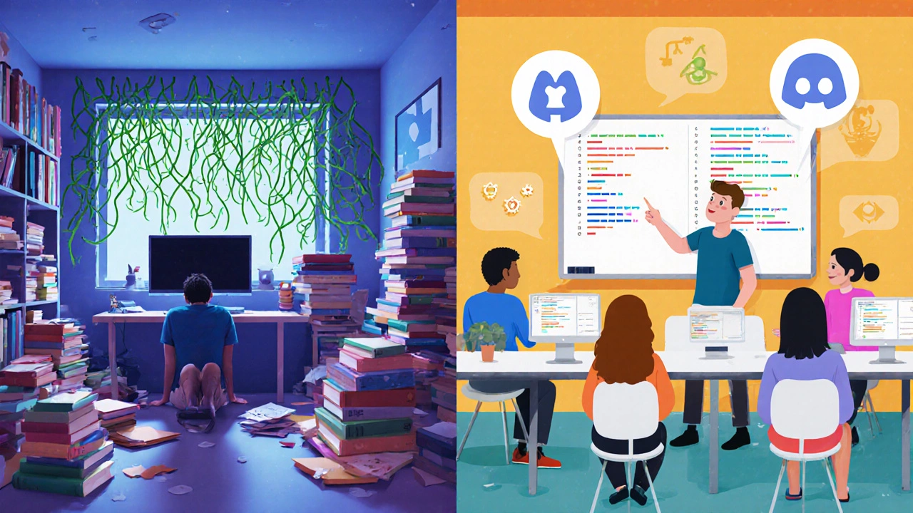 Split-screen illustration of self‑taught coder in a messy room versus students in a bright classroom.