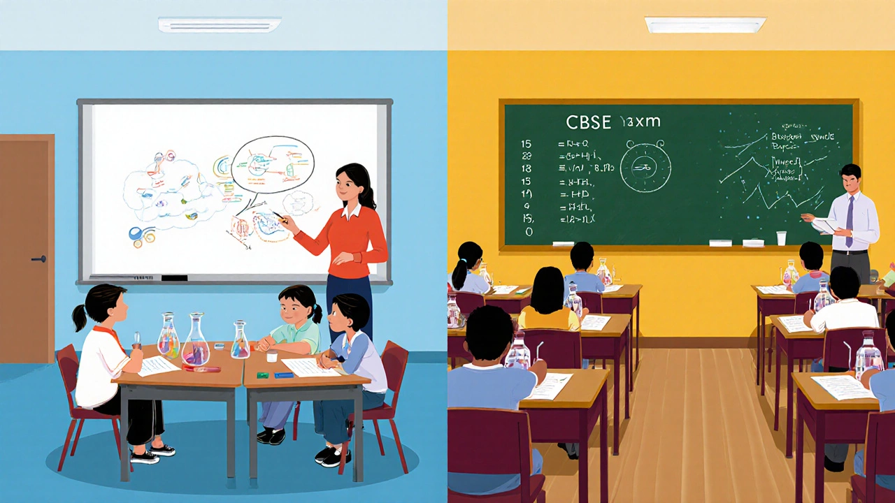 Split view showing a project‑based British classroom and a test‑focused CBSE classroom.