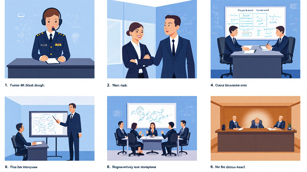 Storyboard showing six government interview stages from phone screen to final panel.