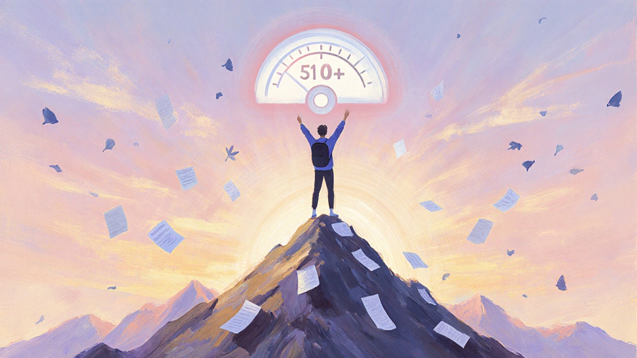 Student stands on mountain summit at sunrise, celebrating a high MCAT score.