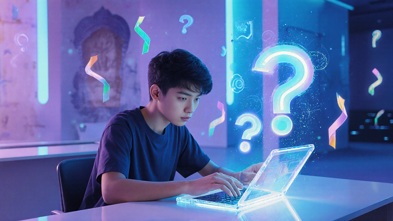 Student using a tablet with holographic adaptive test elements in a futuristic learning space.