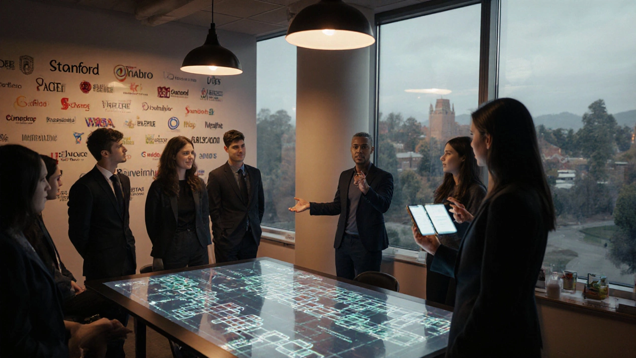 Students in a Stanford classroom showcase a tech startup prototype with holographic displays and venture‑capital logos.