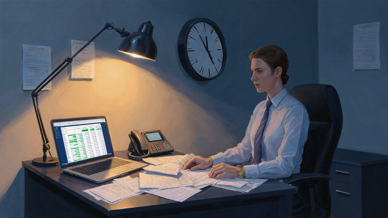 Tax examiner reviewing forms on a laptop in a quiet HMRC office.