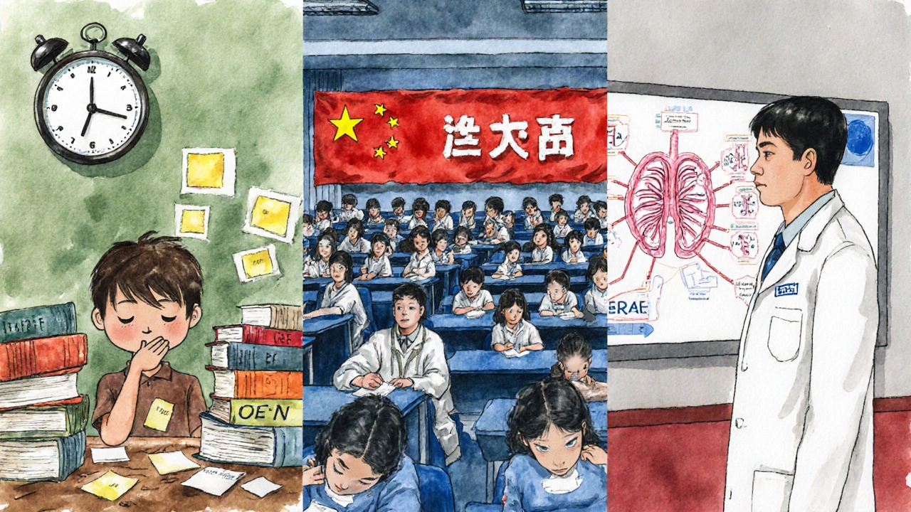 Three watercolor panels showing Indian student with books, crowded Chinese Gaokao hall, and US medical exam room.