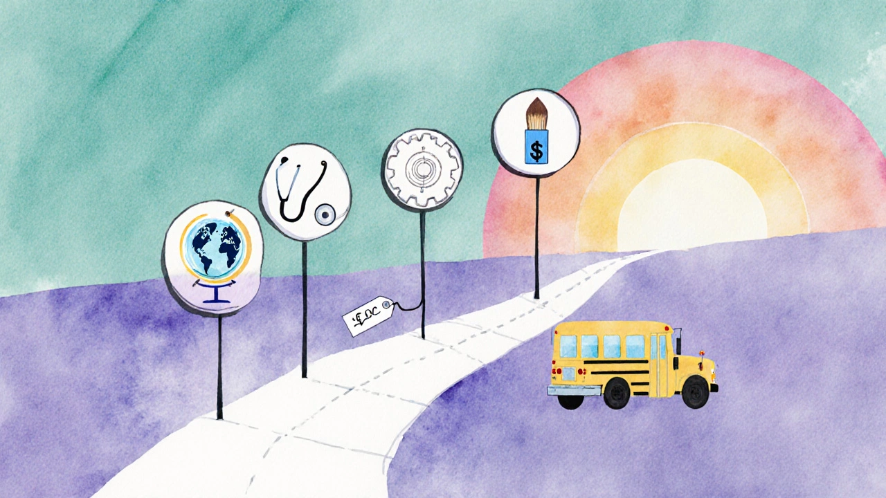 Watercolor collage of a roadmap with icons for careers, cost, and location guiding parents.