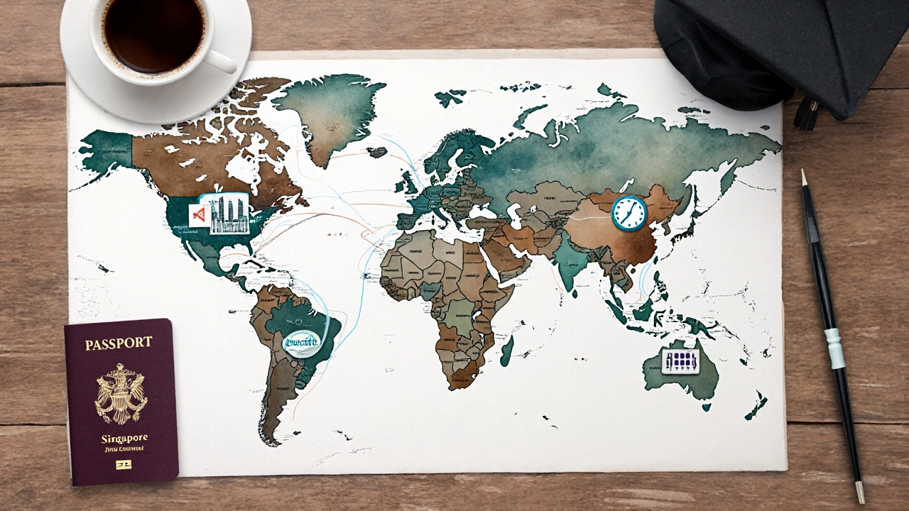 Watercolor world map with icons indicating regional MBA program lengths.