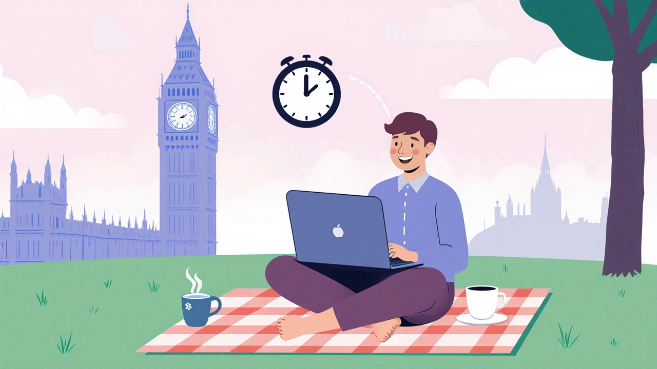Worker using a laptop on a park blanket under a pastel sky.
