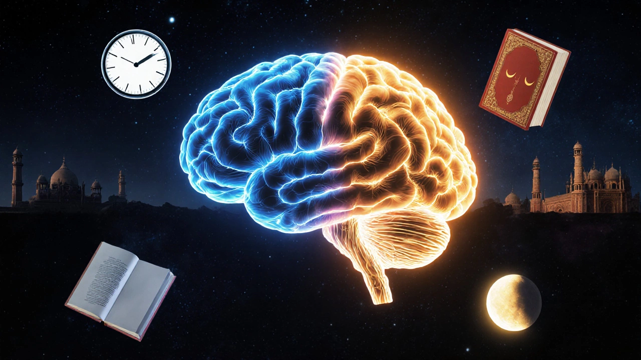 A brain with glowing neural pathways, contrasting effective morning study against ineffective night study.
