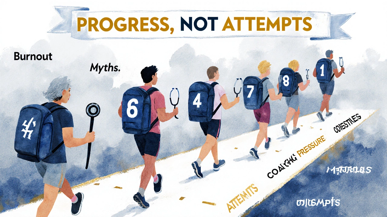 A marathon runner with a stethoscope crossing the finish line, symbolizing persistence in NEET.