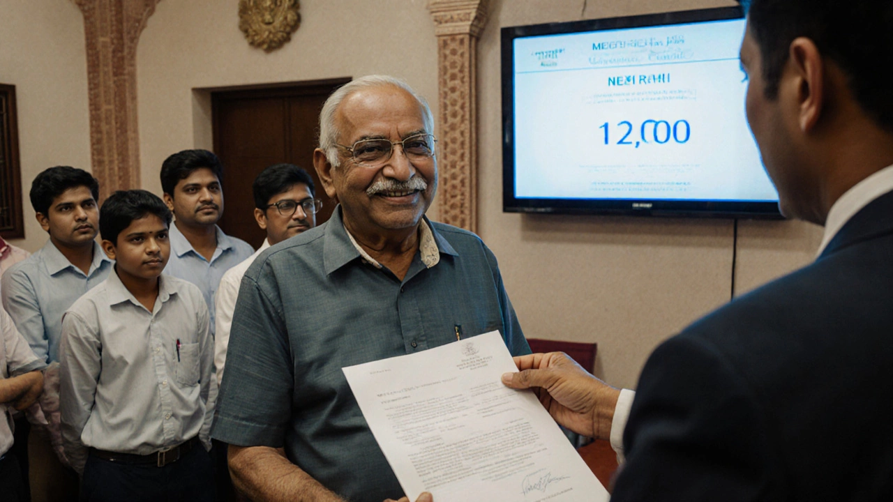 A middle-aged candidate receiving a medical college admission letter after multiple NEET attempts.