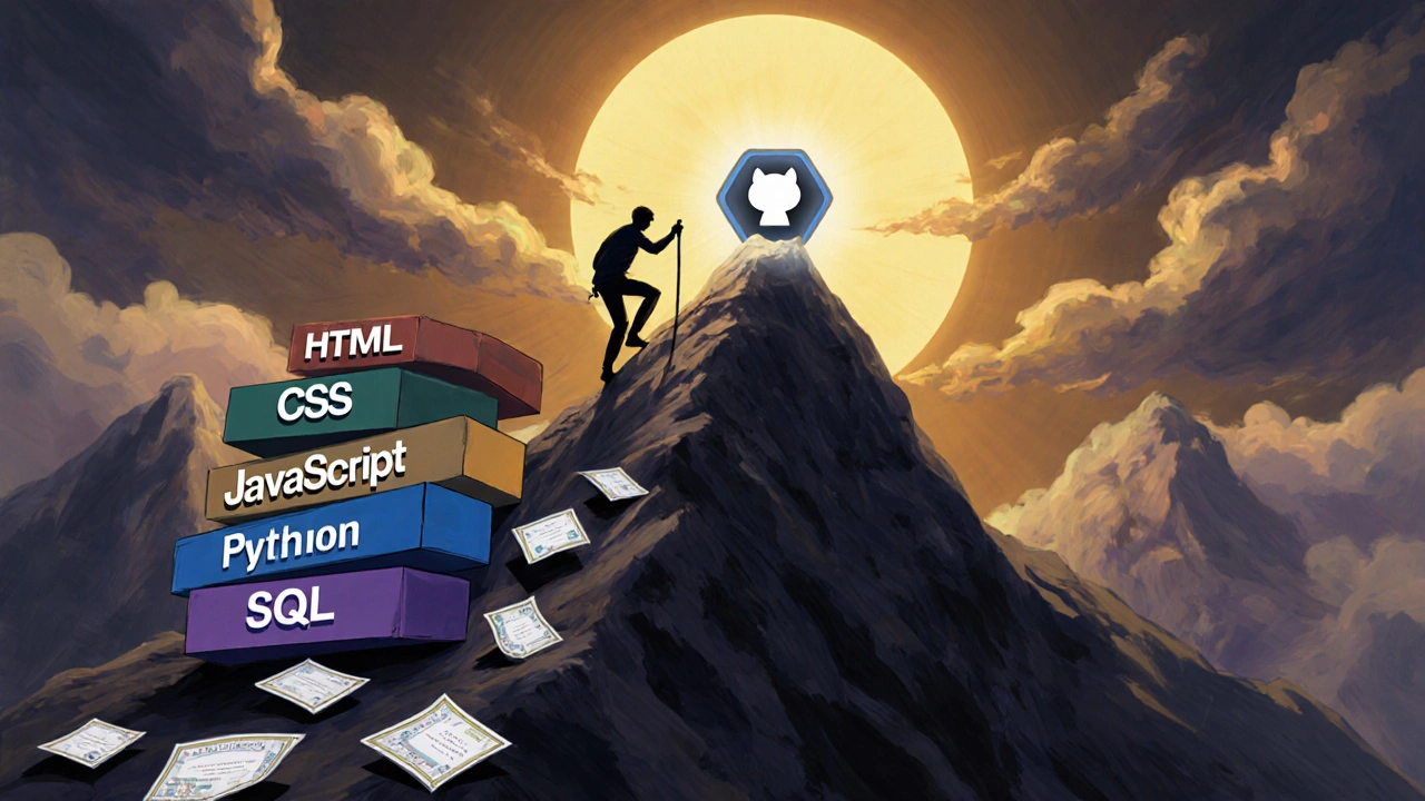 A person climbing a mountain of code blocks toward a glowing GitHub badge, with paid certificates blowing away.