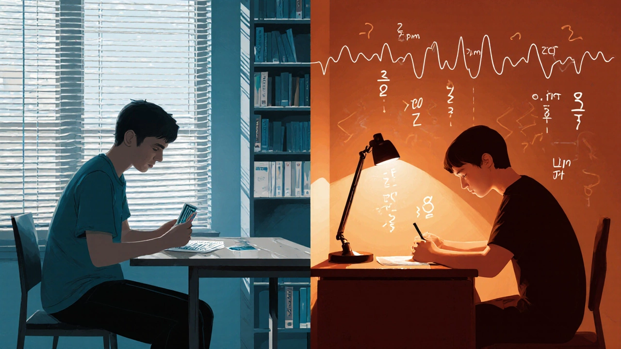 A student reviewing flashcards in the afternoon and solving math problems in the evening, showing different study phases.