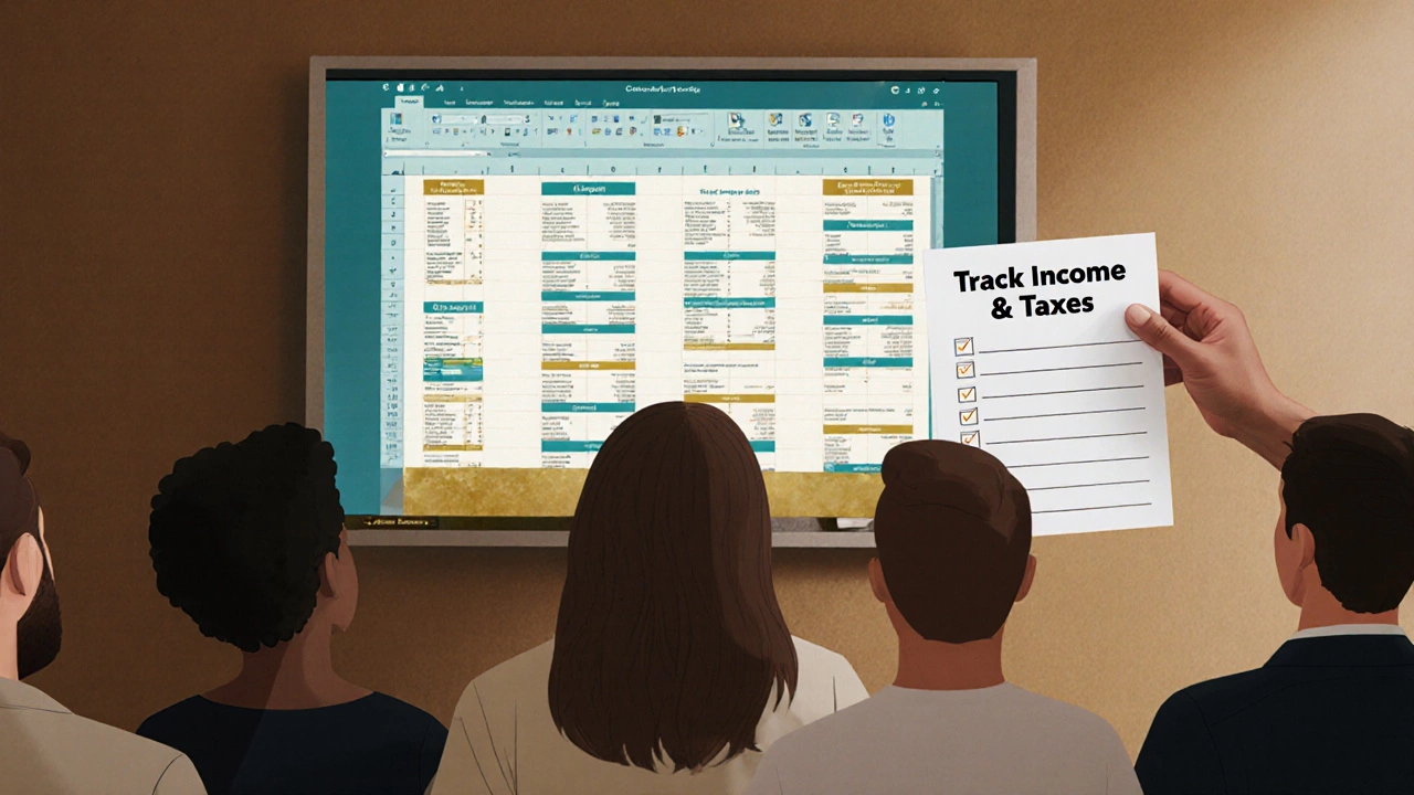 Group watching animated Excel budgeting lesson with printed checklist in hand.