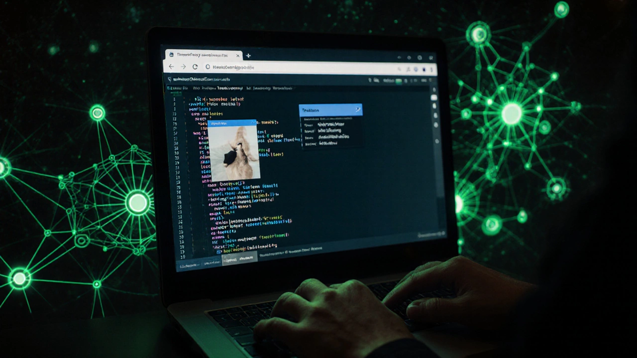 Hands coding a TensorFlow codelab with neural network visuals glowing on a dark screen.
