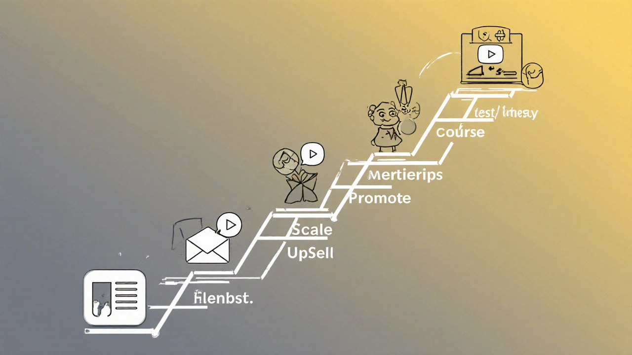 Ladder illustration showing steps from basic course to scaled online business with income icons.