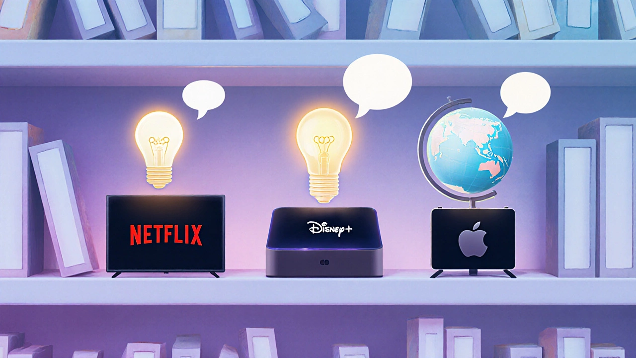 Library shelf with streaming service icons emitting educational symbols like lightbulbs and globes.