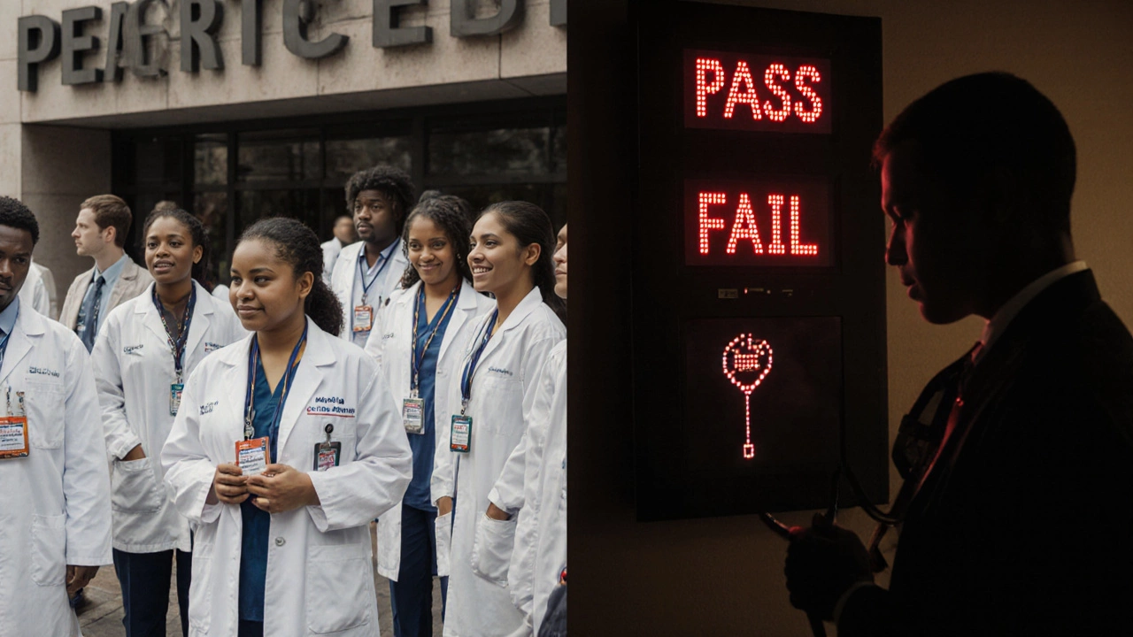 Medical students reacting to their USMLE Step 1 pass/fail results outside a testing center.