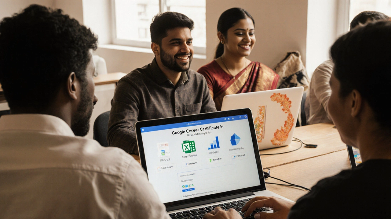 People learning Google Career Certificates in a bright co-working space with data tools on screens.