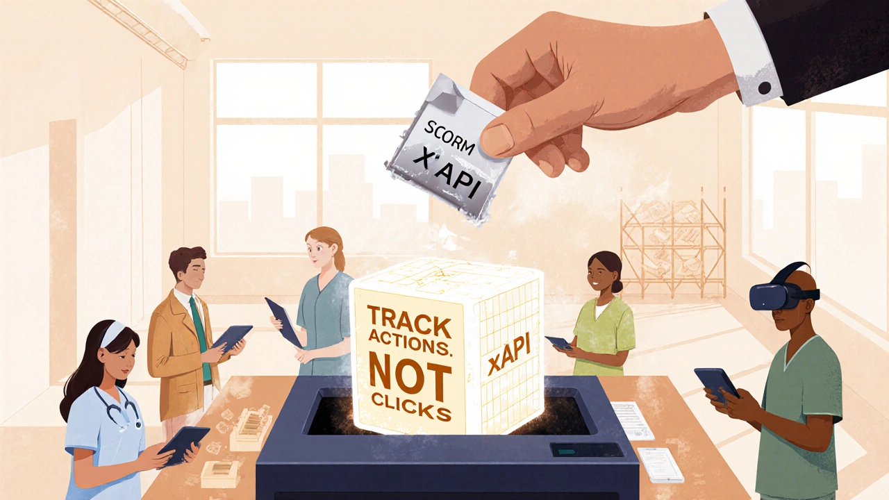 SCORM file being shredded as new xAPI course emerges, diverse learners using modern tech