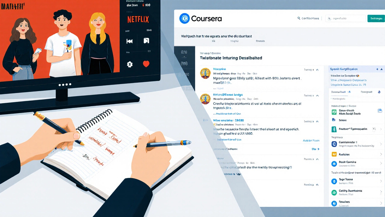 Split-screen comparing Netflix learning to structured online courses with progress tracking.