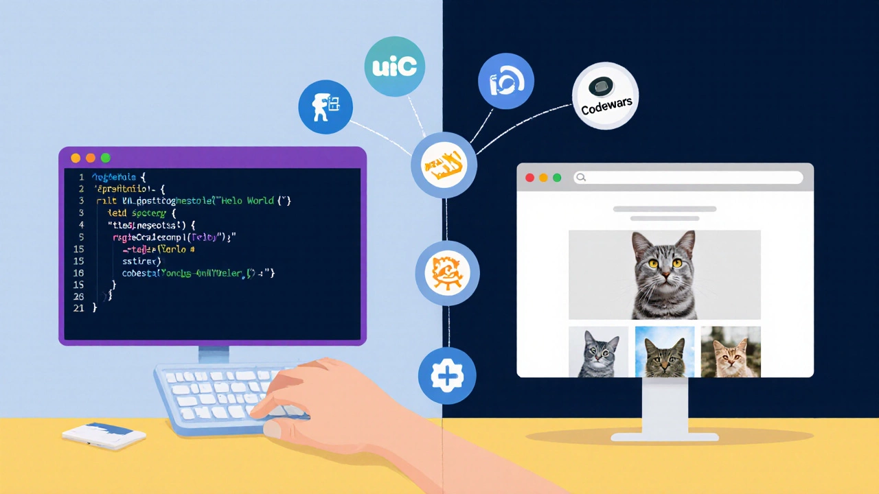Split-screen showing code being written and a live website built from it, with learning platform icons.