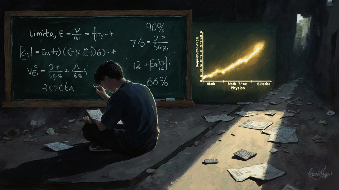 Student solving calculus problems on chalkboard with score comparison graph in background